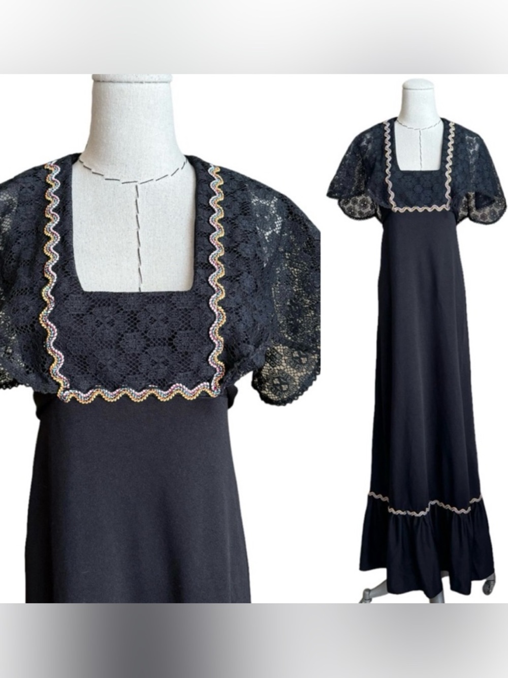 Vintage 70s Black Poly Maxi Dress Lace Sleeves Gunne Hippie Boho XS S